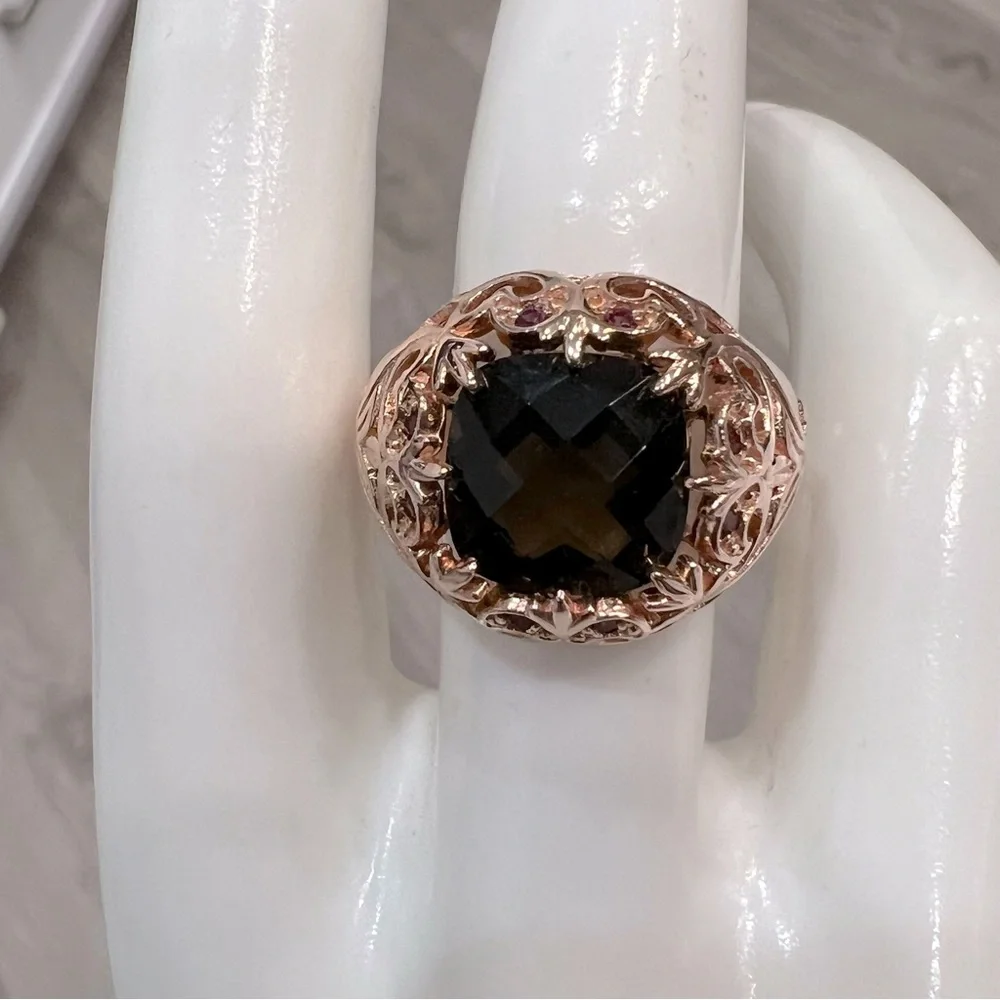 Brazilian Smoky Quartz Orissa Rhodolite Garnet 14K RG Sterling Silver Ring Sz 8